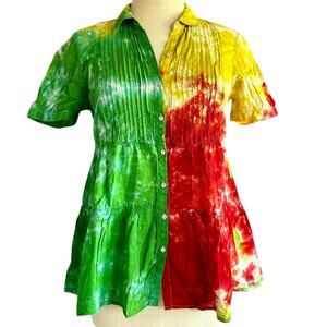 Womens Top Size XL Fits Like a Large Green Red Yellow Tie Dye Hippie Office Bold